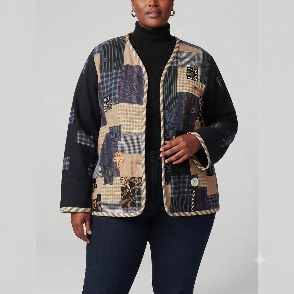 Stephanie Thomas Sport Art To Wear Patchwork Button Embellished Blazer Size 3X